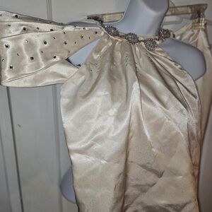 Elegant Cream Two Piece Skirt Set with Embellished Neckline